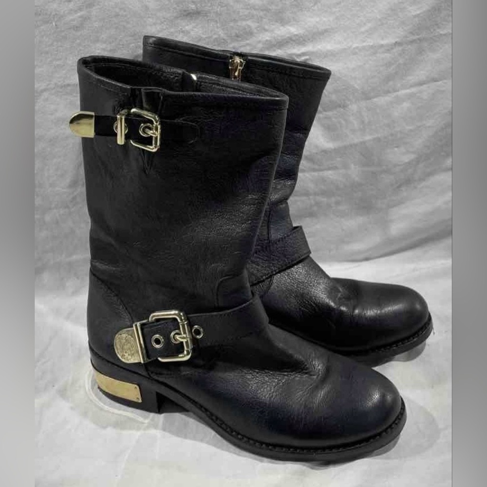 Vince Camuto Black Leather Buckle Moto Boots with Gold Hardware